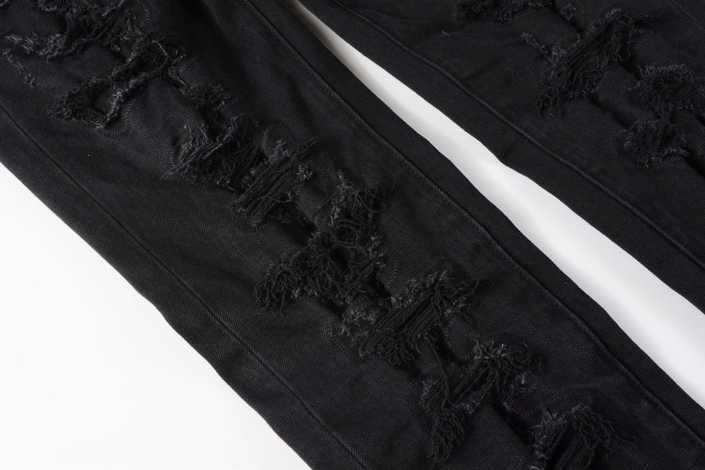 PURPLE  Men Distressed Black Skinny Jeans with Heavy Ripped Design and Grunge Streetwear Vibe 9108