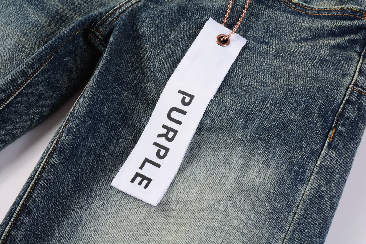 PURPLE  Men Streetwear Skinny Jeans Light Blue Wash with Faded Gradient Distress 9042