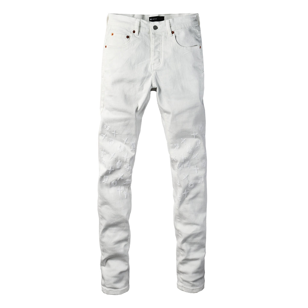 PURPLE  Men Designer Streetwear Skinny Jeans Solid White with 3D Embossed Monogram Pattern 9113