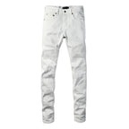 PURPLE  Men Designer Streetwear Skinny Jeans Solid White with 3D Embossed Monogram Pattern 9113