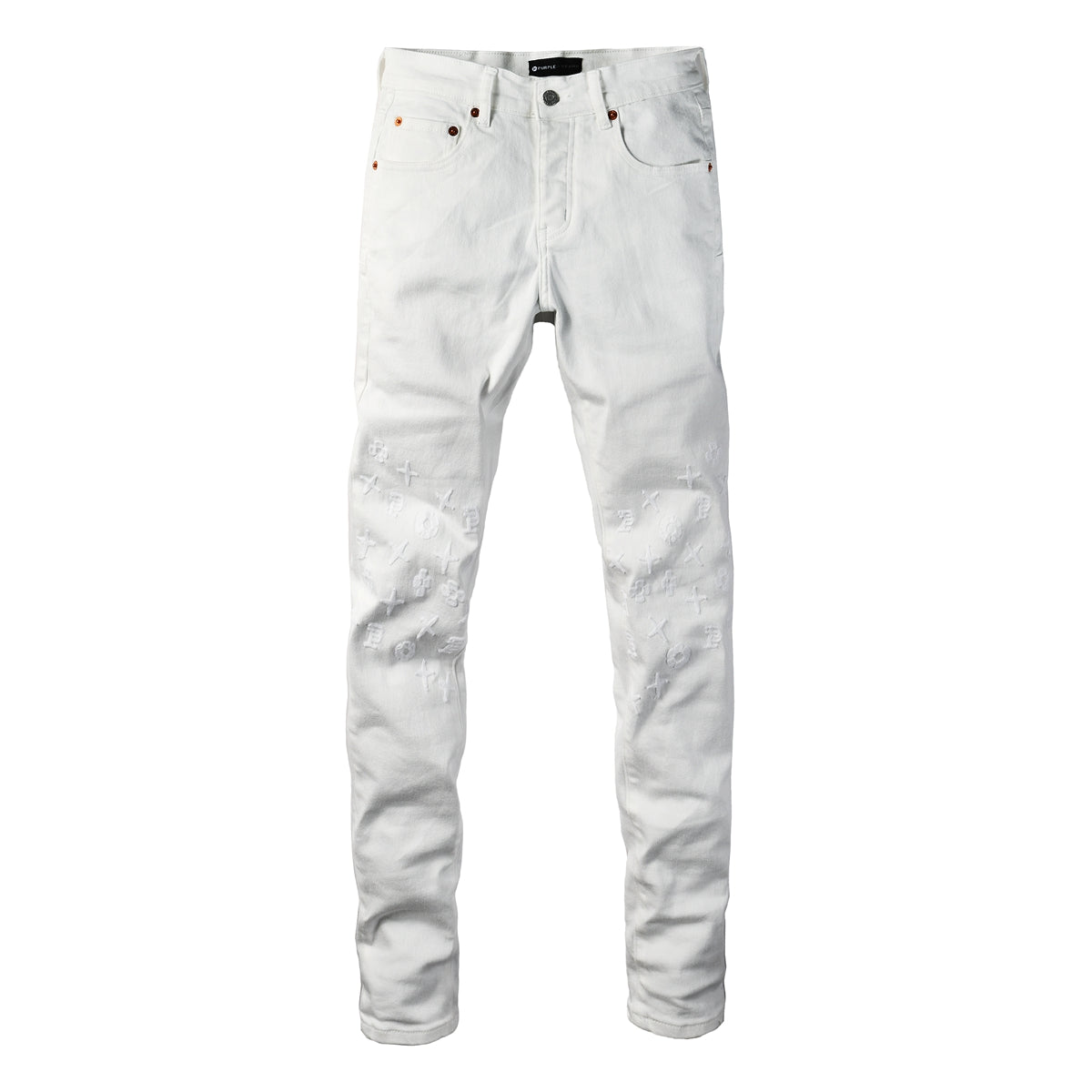 PURPLE  Men Designer Streetwear Skinny Jeans Solid White with 3D Embossed Monogram Pattern 9113