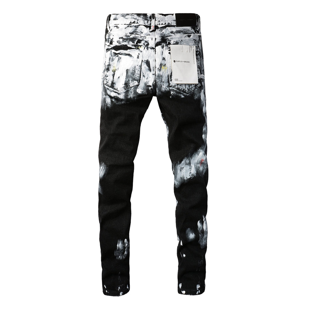 PURPLE  Men Streetwear Skinny Jeans Black and White Graffiti Wash with Multi - Color Paint Accents 9020