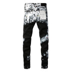 PURPLE  Men Streetwear Skinny Jeans Black and White Graffiti Wash with Multi - Color Paint Accents 9020