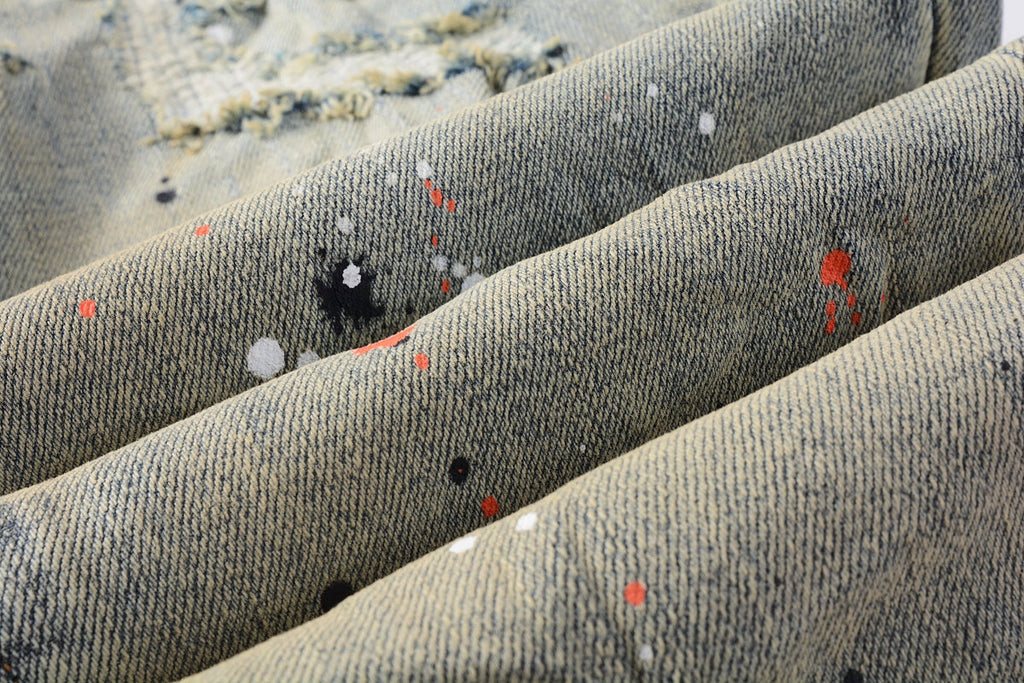 PURPLE  Men Streetwear Skinny Jeans Light Gray Wash with Multi-Color Paint Splatter and Distressed Patches 9071