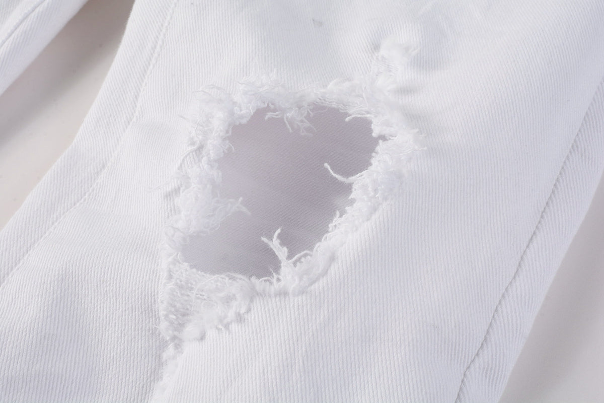 PURPLE   Men Streetwear Skinny Jeans White Wash with Black Paint Splatter and Distressed Rip 9021