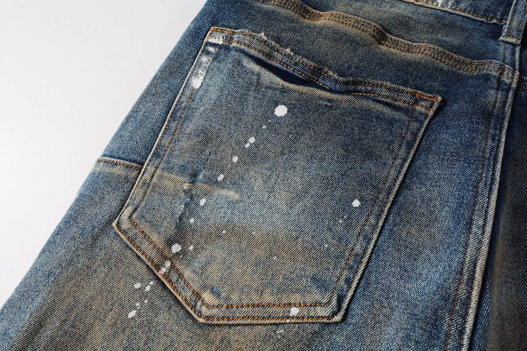 PURPLE   Men Streetwear Skinny Jeans Light Blue Wash with Distressed Rips and White Paint Splatter 9012