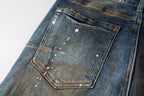 PURPLE   Men Streetwear Skinny Jeans Light Blue Wash with Distressed Rips and White Paint Splatter 9012