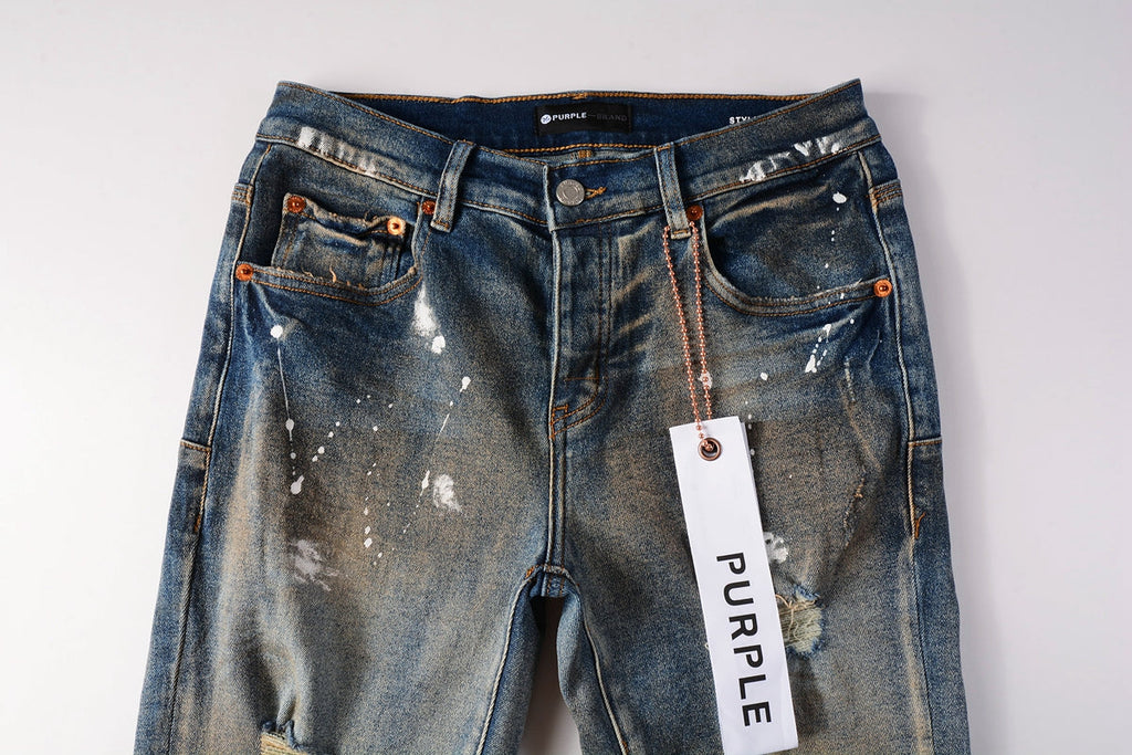 PURPLE   Men Streetwear Skinny Jeans Light Blue Wash with Distressed Rips and White Paint Splatter 9012