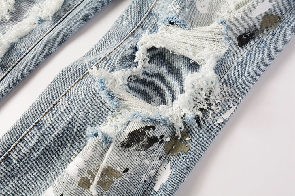PURPLE  Men Streetwear Jeans Light Blue Paint Splash Distressed Ripped skinny 9100