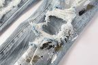 PURPLE  Men Streetwear Jeans Light Blue Paint Splash Distressed Ripped skinny 9100