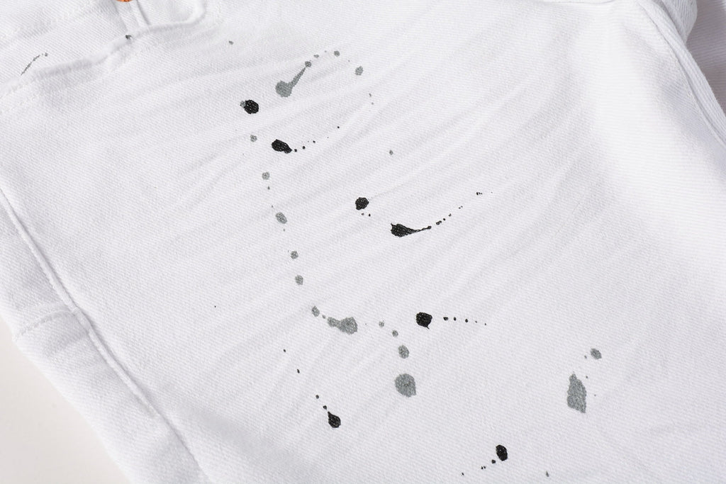 PURPLE   Men Streetwear Skinny Jeans White Wash with Black Paint Splatter and Distressed Rip 9021