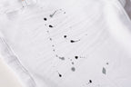 PURPLE   Men Streetwear Skinny Jeans White Wash with Black Paint Splatter and Distressed Rip 9021