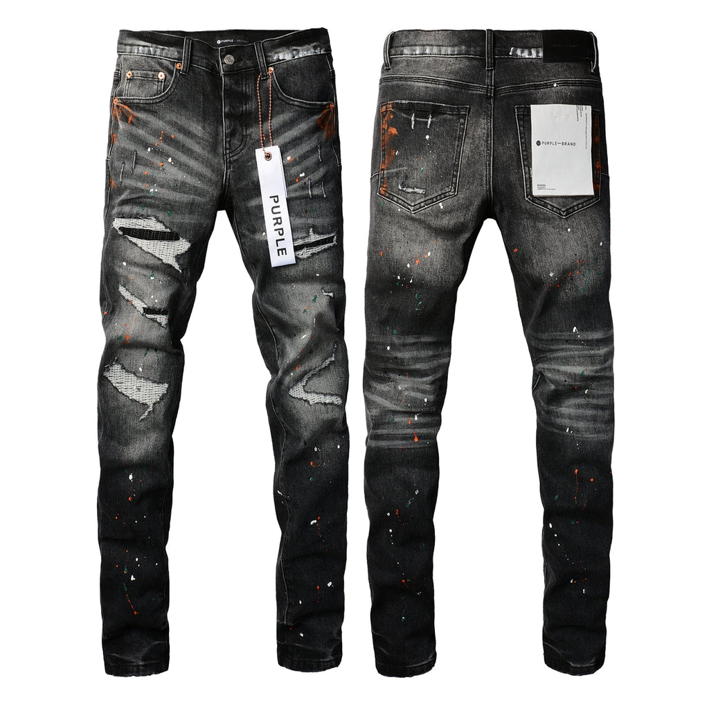 PURPLE  Men Streetwear Skinny Jeans Dark Gray Wash with Distressed Rips and Multi-Color Paint Splatter 9018