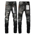 PURPLE  Men Streetwear Skinny Jeans Dark Gray Wash with Distressed Rips and Multi-Color Paint Splatter 9018