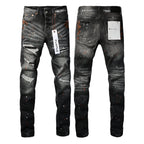 PURPLE  Men Streetwear Skinny Jeans Dark Gray Wash with Distressed Rips and Multi-Color Paint Splatter 9018