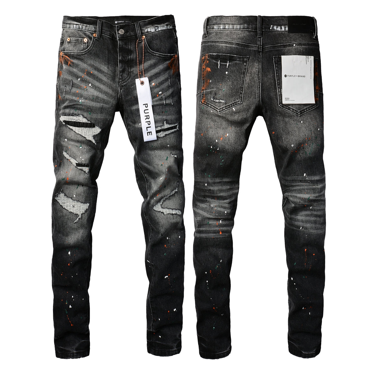 PURPLE  Men Streetwear Skinny Jeans Dark Gray Wash with Distressed Rips and Multi-Color Paint Splatter 9018