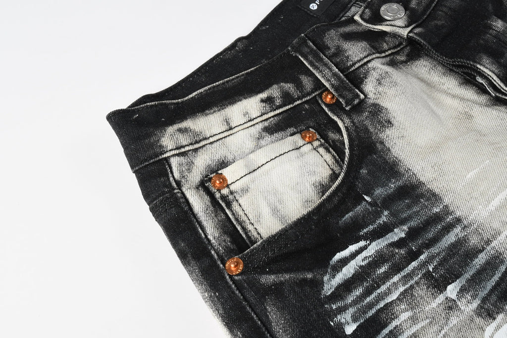 PURPLE  Men Streetwear Skinny Jeans Black and White Graffiti Wash with Multi Color Paint Splash 9111