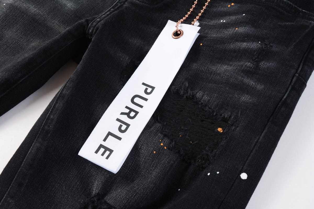 PURPLE  Mens Jeans - Distressed Black Denim with Knee Slit and Ripped Hole 9045
