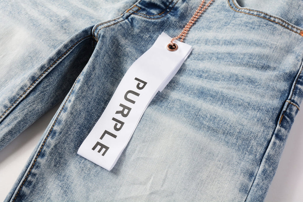 PURPLE  Men Streetwear Skinny Jeans Light Blue Wash with Lightly Faded Wash 9053