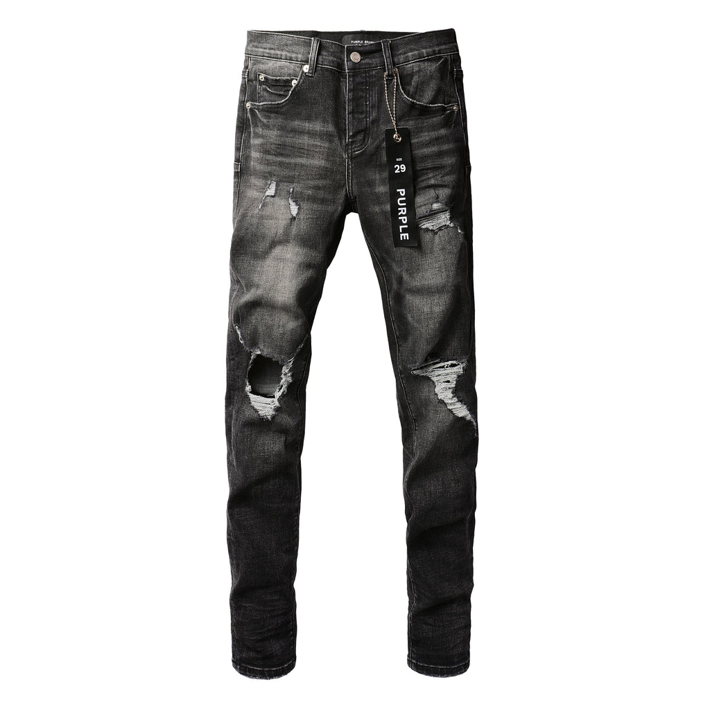 PURPLE  Men Streetwear Skinny Jeans Dark Gray Wash with Heavy Distressed Ripped Details 9079