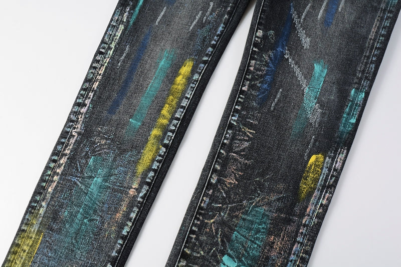 PURPLE  Men Streetwear Skinny Jeans Black Wash with Colorful Graffiti Paint Splash 9078