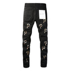 PURPLE  Men Streetwear Skinny Jeans Black Wash with All-Over Metallic Gold "P" Print 9008