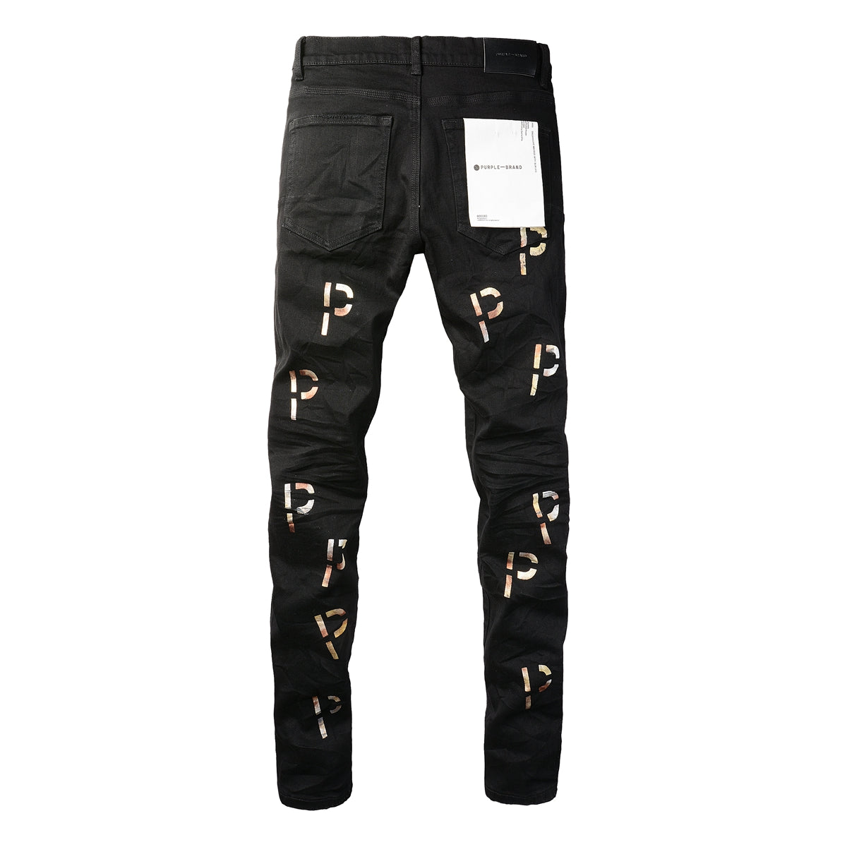 PURPLE  Men Streetwear Skinny Jeans Black Wash with All-Over Metallic Gold "P" Print 9008