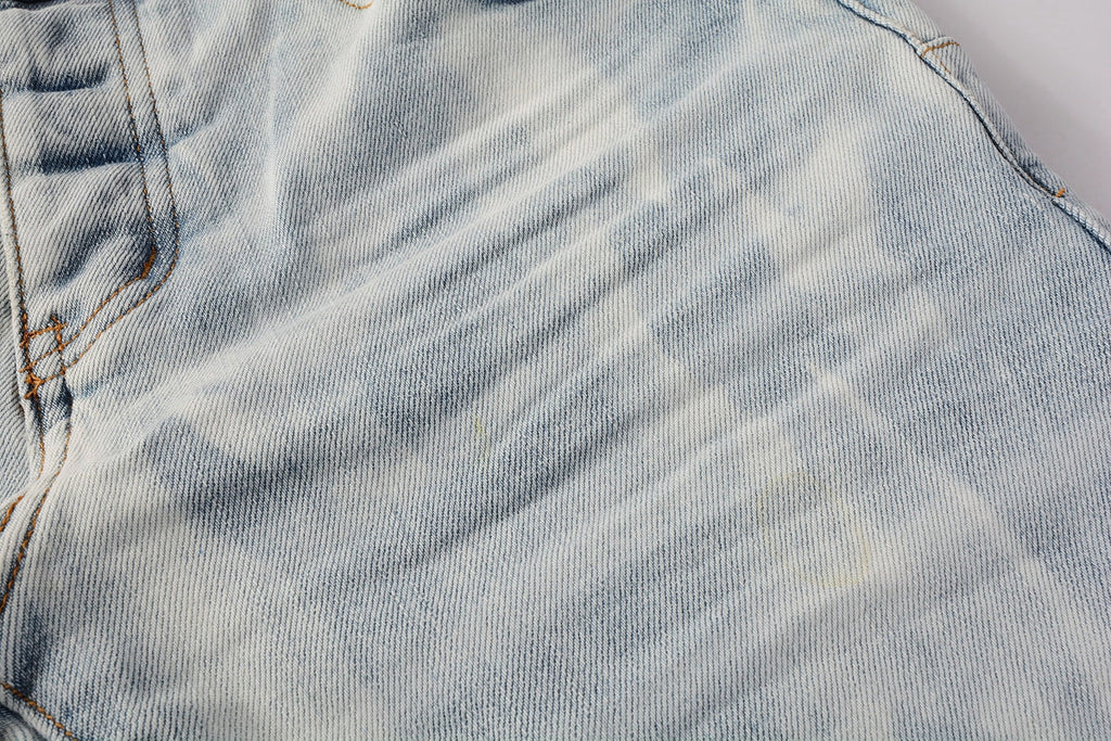 PURPLE   Men Streetwear Skinny Jeans Light Blue Wash with White Brushstroke Texture 7017