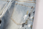 PURPLE  Men Streetwear Jeans Light Blue Paint Splash Distressed Ripped skinny 9100