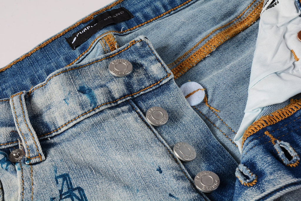 PURPLE  Men Streetwear Skinny Jeans Light Blue Wash with White Paint Brush Strokes 9063