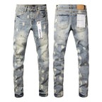 PURPLE   Men Streetwear Jeans Distressed Light Blue Paint Dot Ripped skinny 9092