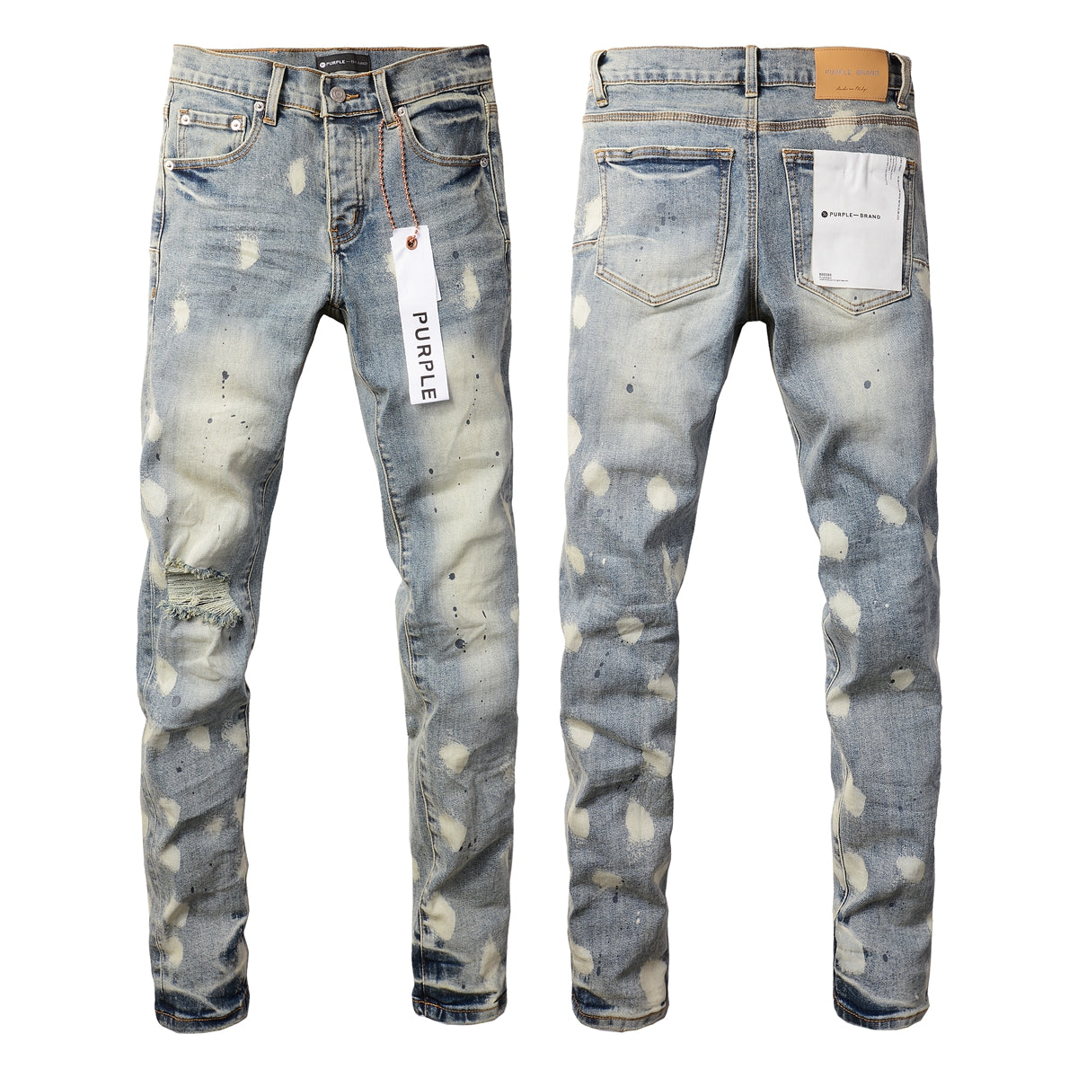 PURPLE   Men Streetwear Jeans Distressed Light Blue Paint Dot Ripped skinny 9092