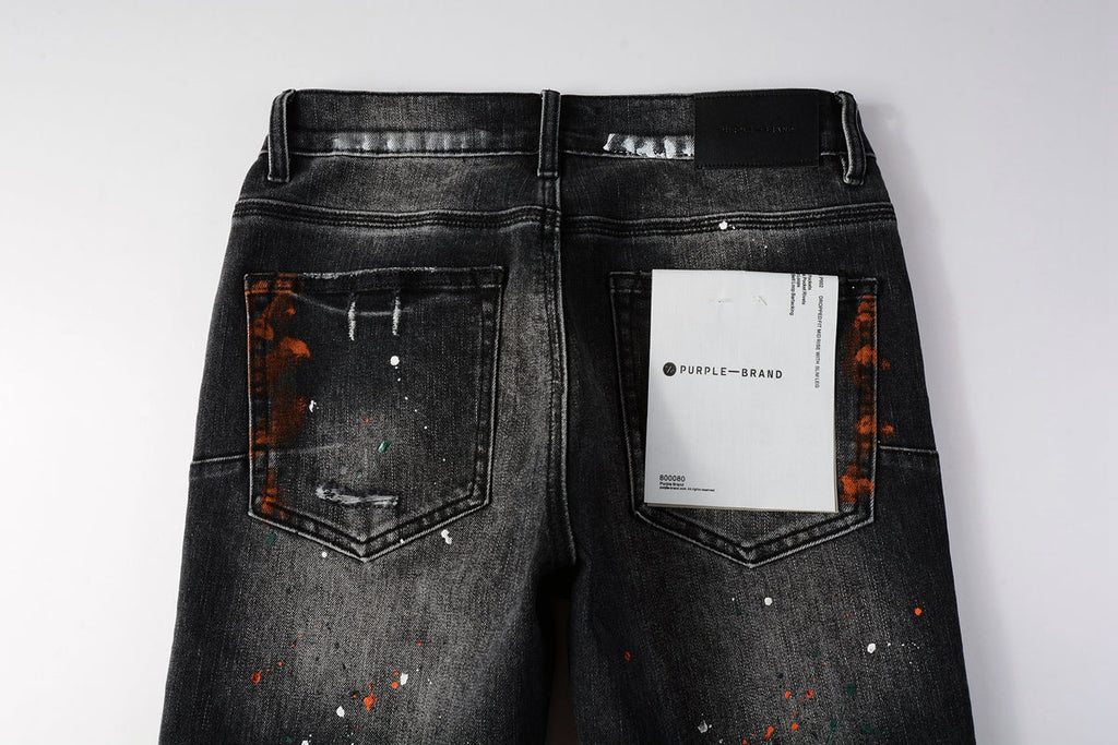 PURPLE  Men Streetwear Skinny Jeans Dark Gray Wash with Distressed Rips and Multi-Color Paint Splatter 9018