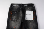 PURPLE  Men Streetwear Skinny Jeans Dark Gray Wash with Distressed Rips and Multi-Color Paint Splatter 9018