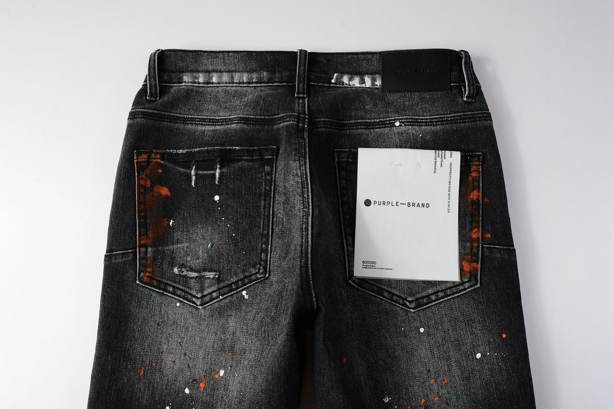 PURPLE  Men Streetwear Skinny Jeans Dark Gray Wash with Distressed Rips and Multi-Color Paint Splatter 9018