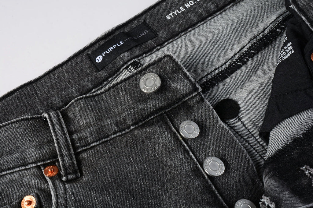 PURPLE  Men Streetwear Skinny Jeans Dark Gray Wash with White Marbled Texture 9056