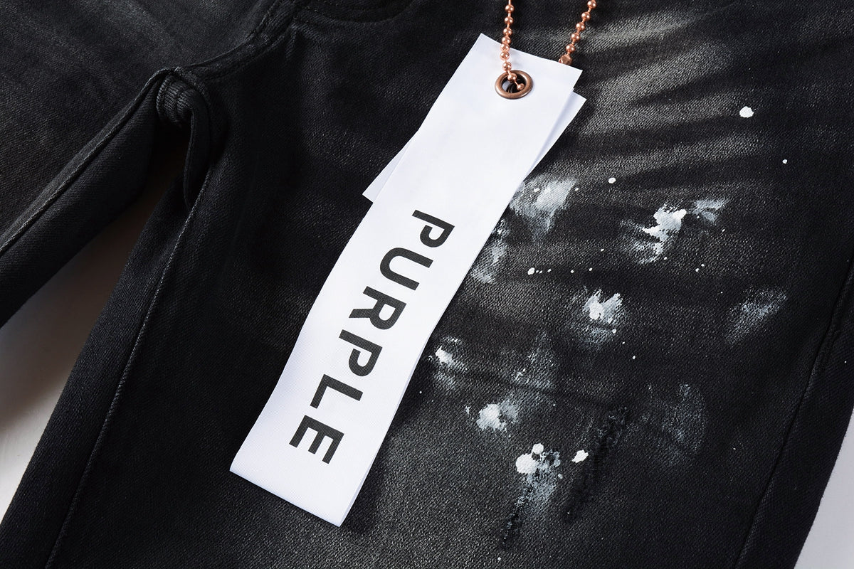PURPLE   Men Streetwear Skinny Jeans Black Fade Wash with White Paint Splatter and Distressed Rips 9002