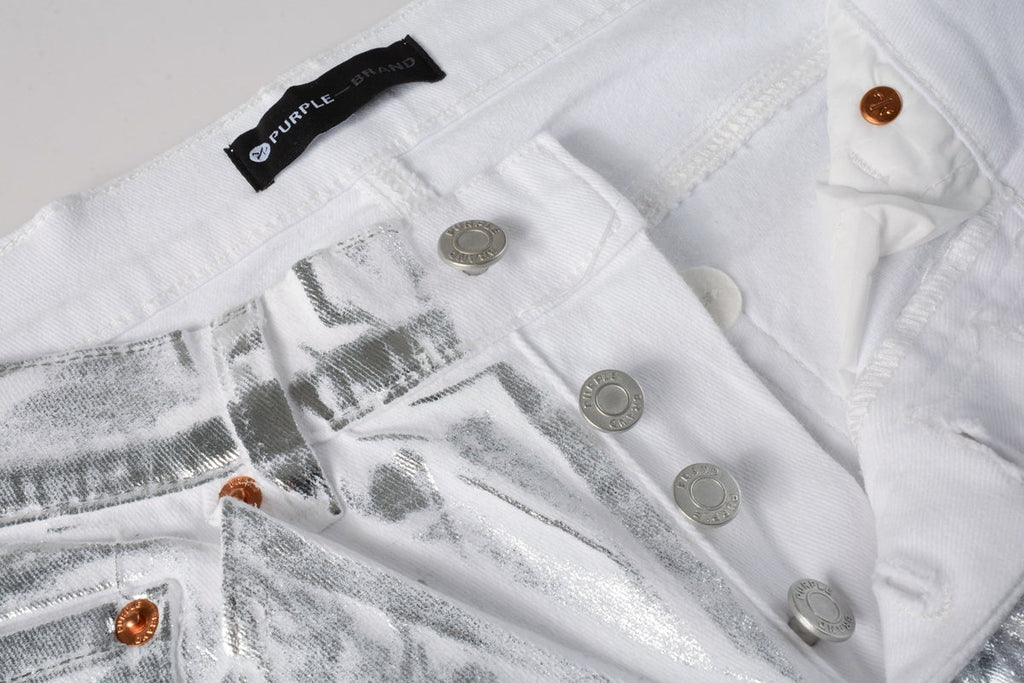 PURPLE  Men Streetwear Jeans Metallic Silver Coated Finish with Futuristic Shine Skinny Fit Statement 9110
