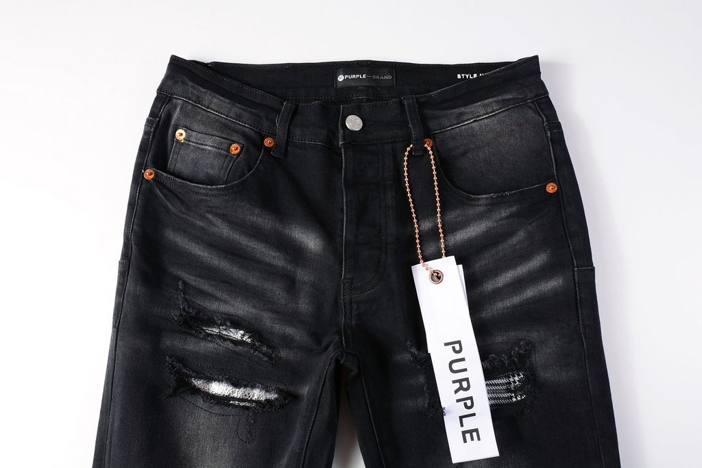 PURPLE  Men Streetwear Skinny Jeans Black Wash with Distressed Rips, Checkered Patches and White Paint Splatter 9001