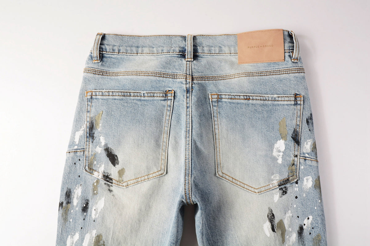 PURPLE  Men Streetwear Jeans Light Blue Paint Splash Distressed Ripped skinny 9100
