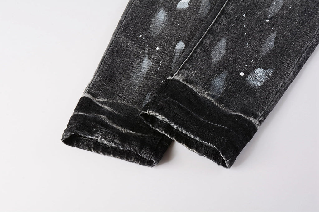 PURPLE  Men Streetwear Skinny Jeans Dark Gray Wash with White Paint Splatter and Distressed Rips 9032