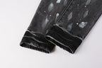 PURPLE  Men Streetwear Skinny Jeans Dark Gray Wash with White Paint Splatter and Distressed Rips 9032
