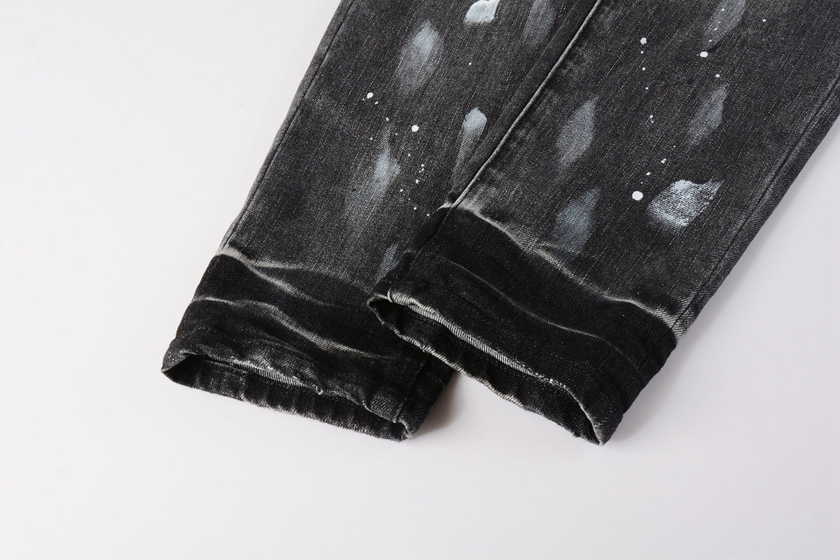 PURPLE  Men Streetwear Skinny Jeans Dark Gray Wash with White Paint Splatter and Distressed Rips 9032