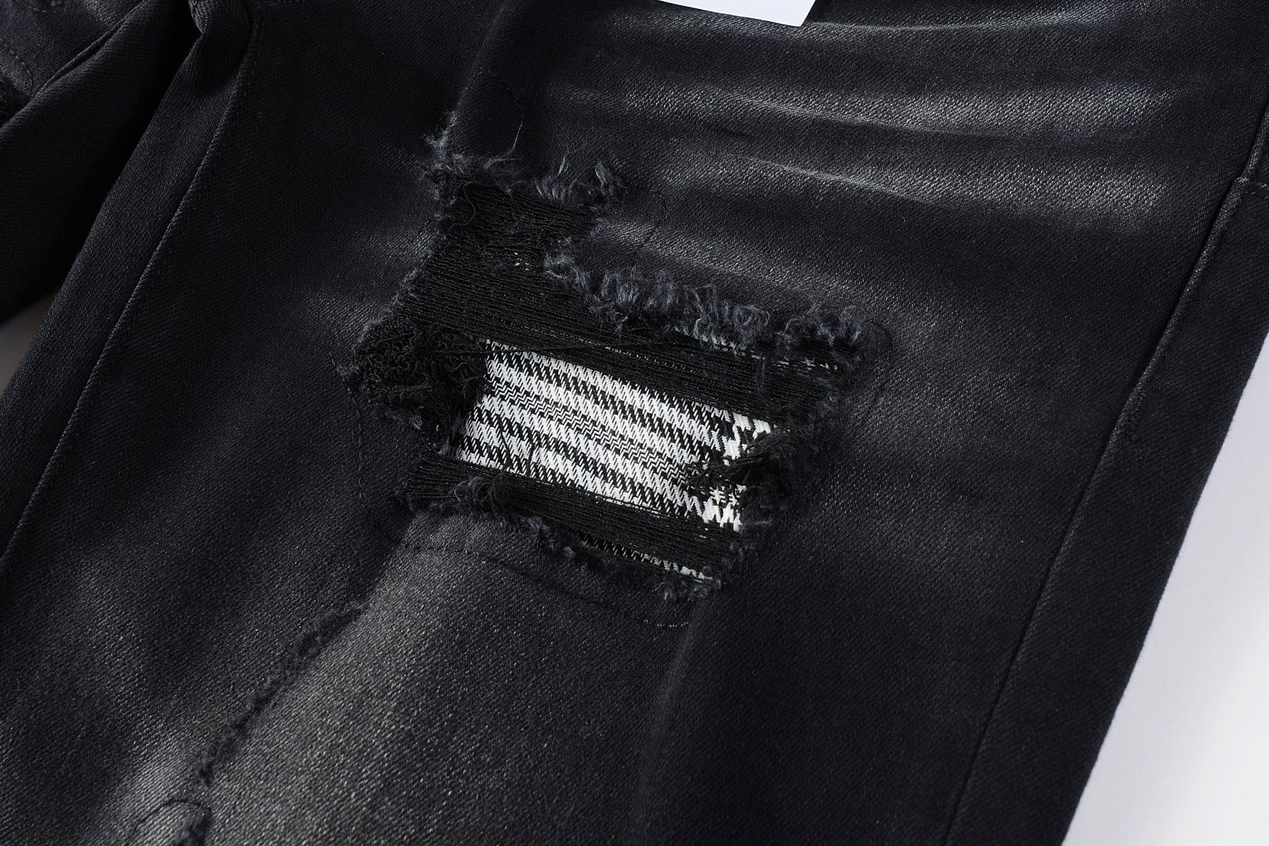 PURPLE  Men Streetwear Skinny Jeans Black Wash with Distressed Rips, Checkered Patches and White Paint Splatter 9001