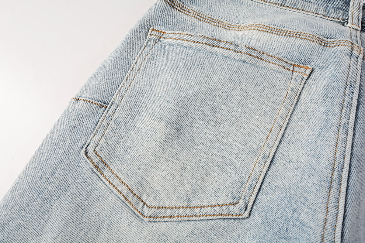 PURPLE   Men Streetwear Skinny Jeans Light Blue Wash with Knee Ripped Details and Black Lining 9010