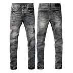 PURPLE  Men Distressed Grey Washed skinny Jeans Ripped Scratch style 9105