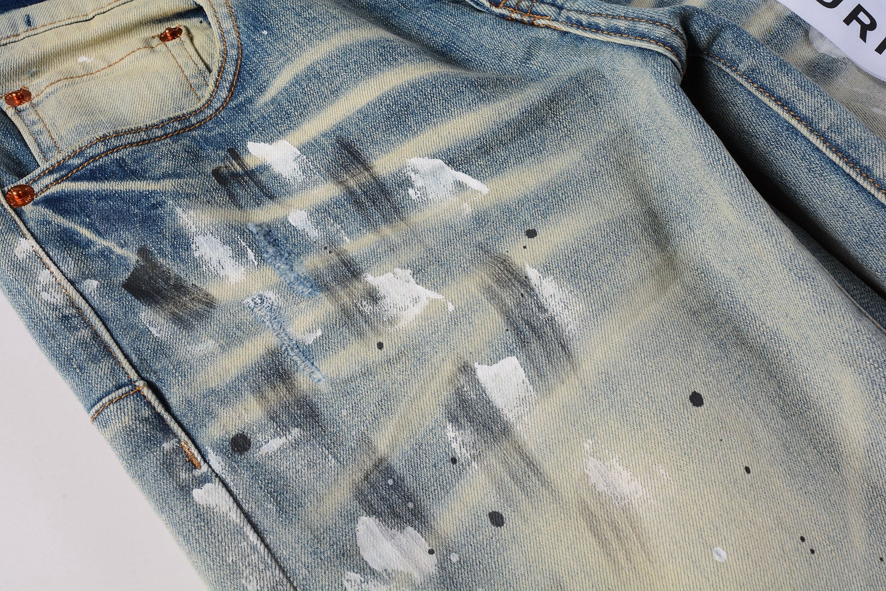 PURPLE  Men Streetwear Skinny Jeans Light Blue Wash with White Paint Splatter and Distressed Rips 9007