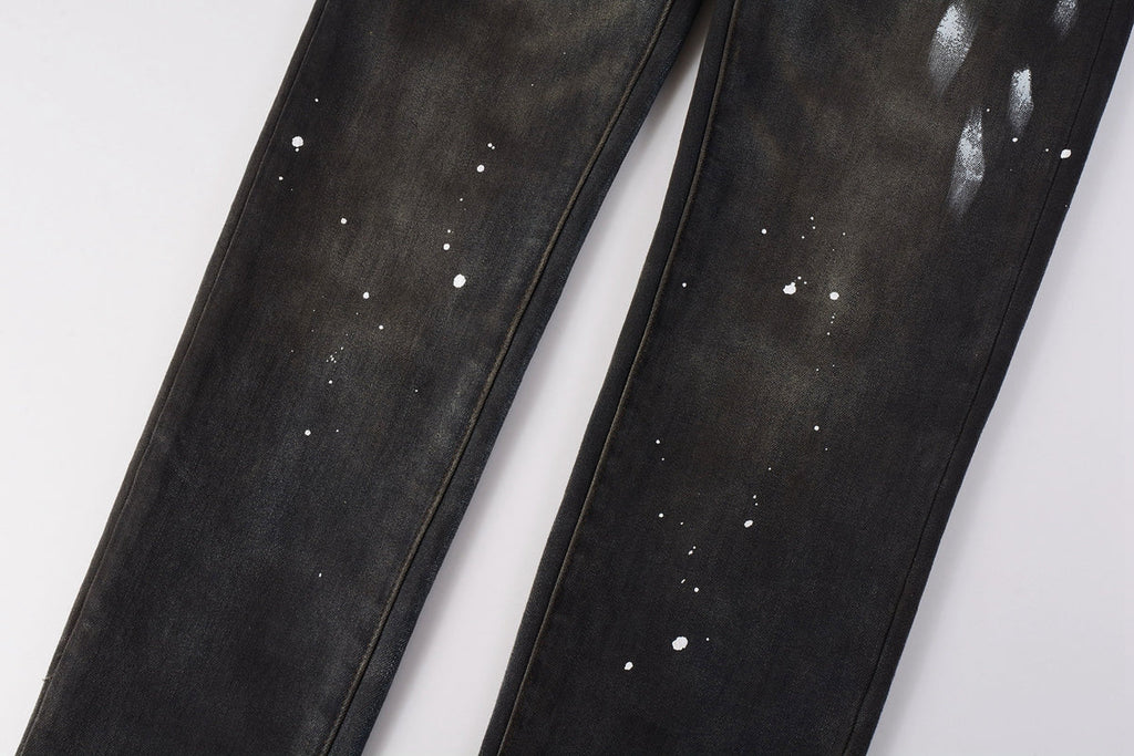 PURPLE  Men Streetwear Skinny Jeans Dark Gray Wash with White Paint Splatter and Brush Strokes 9036