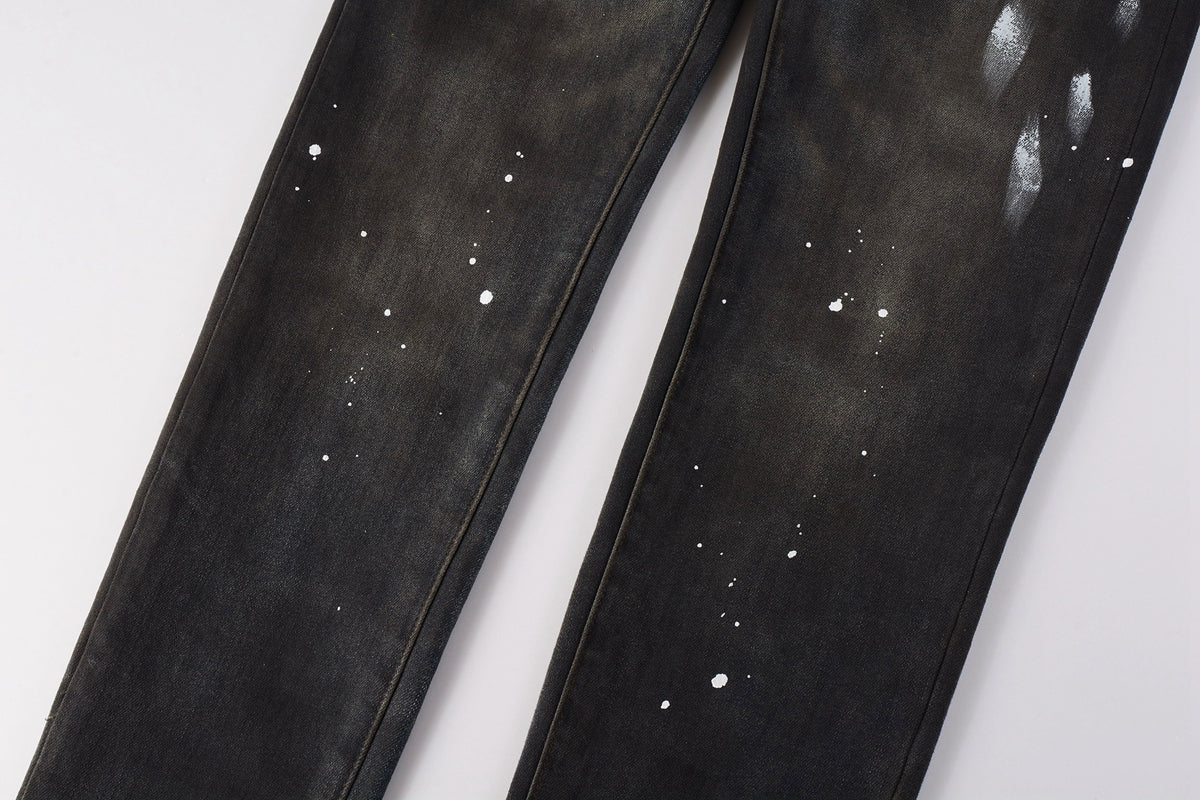 PURPLE  Men Streetwear Skinny Jeans Dark Gray Wash with White Paint Splatter and Brush Strokes 9036