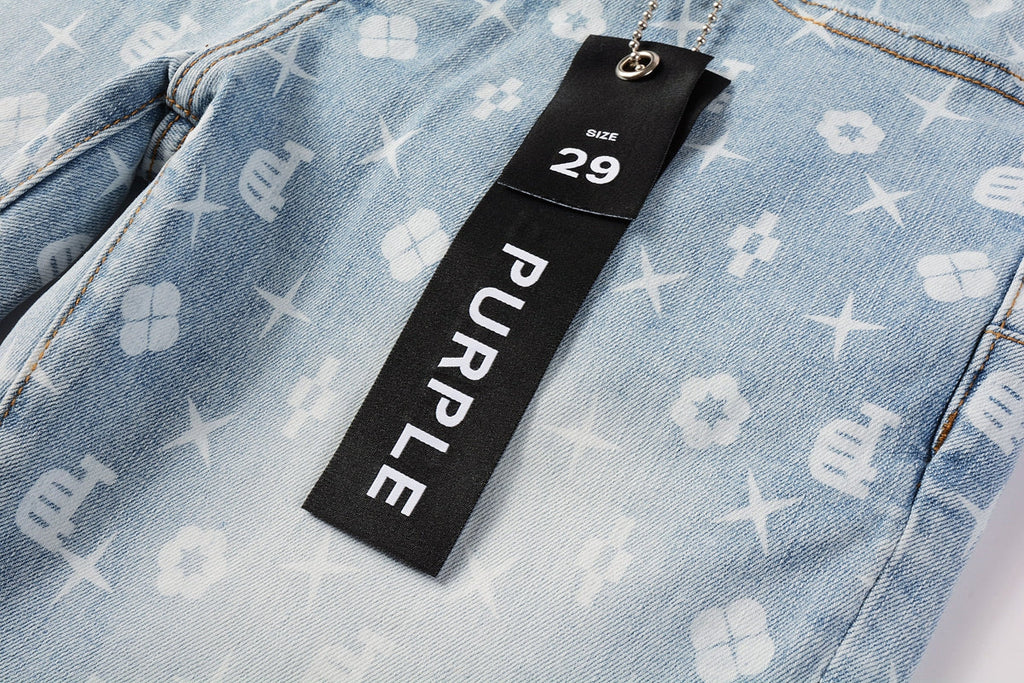 PURPLE  Men Streetwear Skinny Jeans Light Blue Wash with All - Over Pattern Print 9089